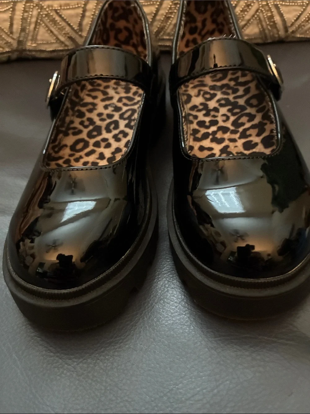 Sincerely Jules Girls  Black Patent Mary Jane Shoes with Leopard Insole
